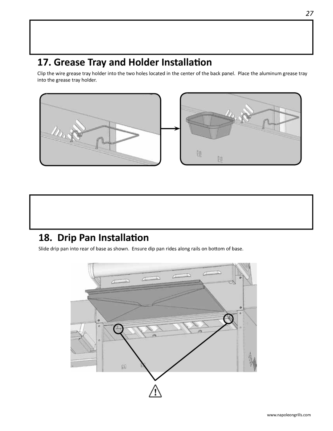 Napoleon Grills 485rsib manual Grease Tray and Holder Installation, Drip Pan Installation 