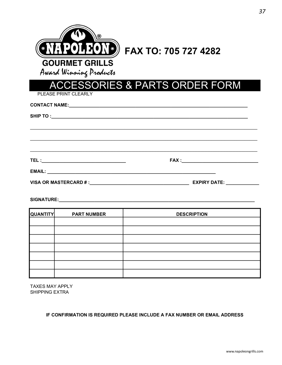 Napoleon Grills 485rsib manual Accessories & Parts Order Form 