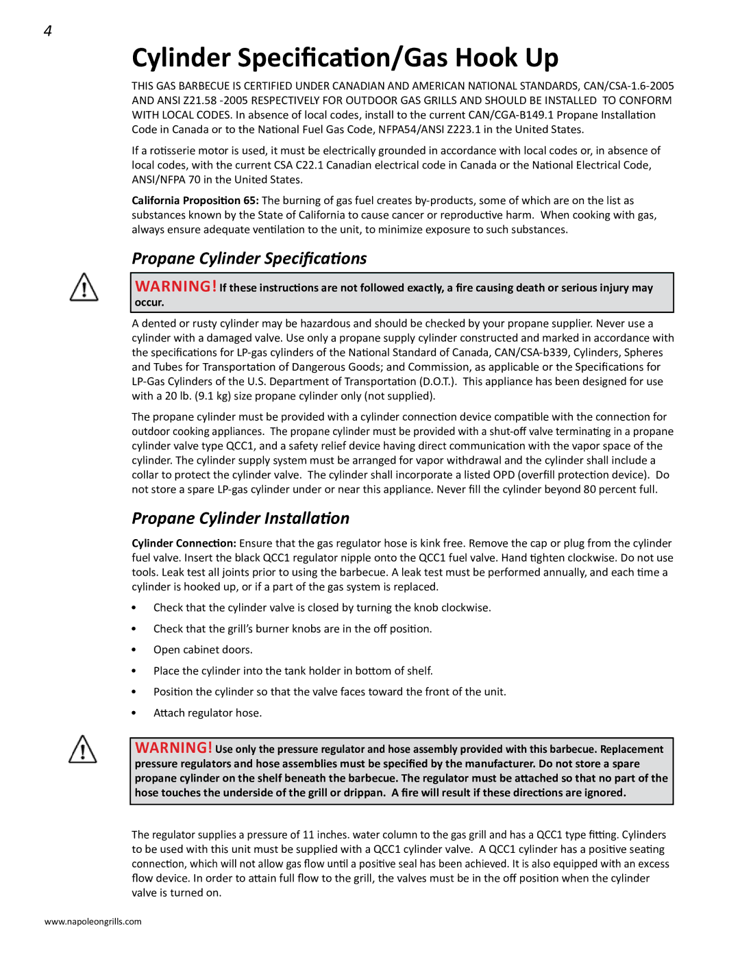 Napoleon Grills 485rsib Cylinder Specification/Gas Hook Up, Propane Cylinder Specifications, Propane Cylinder Installation 