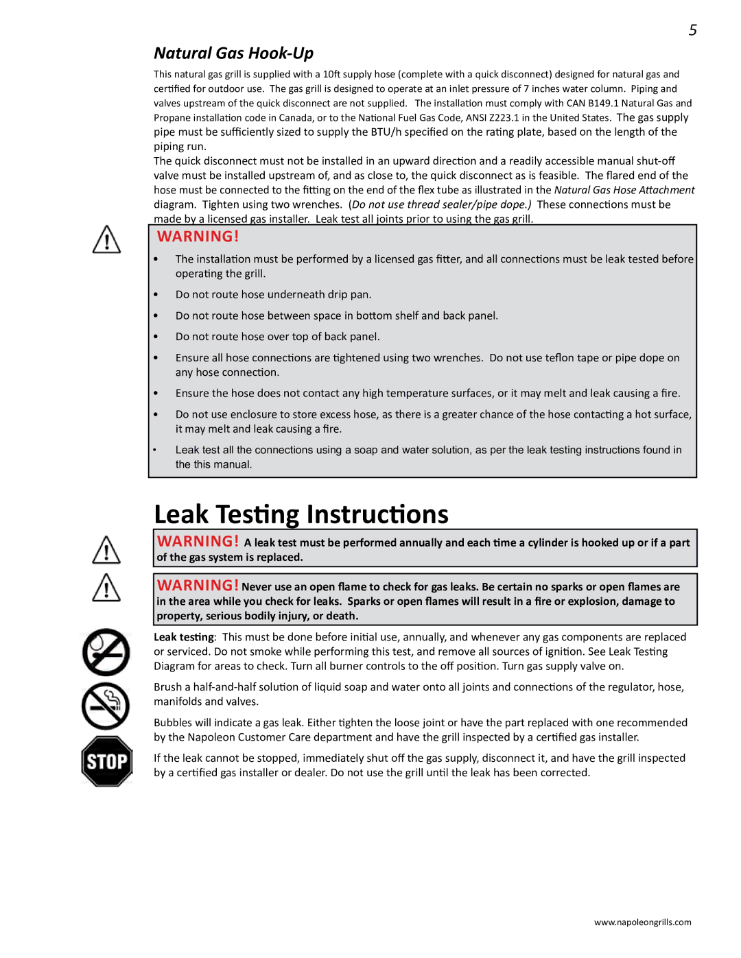 Napoleon Grills 485rsib manual Leak Testing Instructions, Natural Gas Hook-Up 