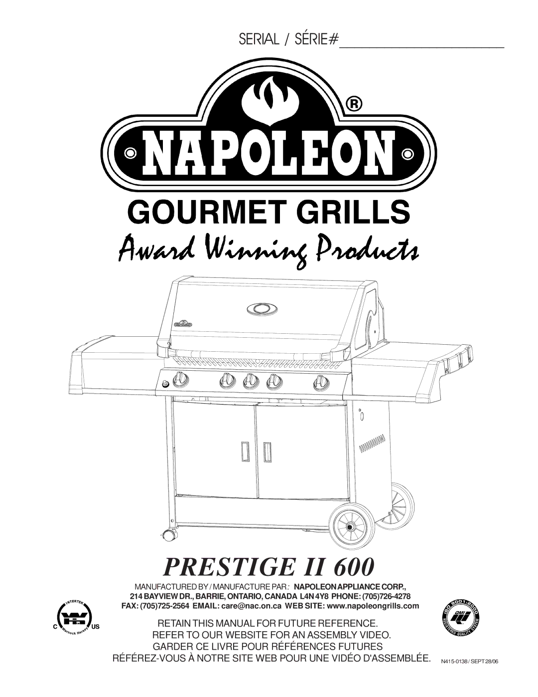 Napoleon Grills 600 manual Prestige II 