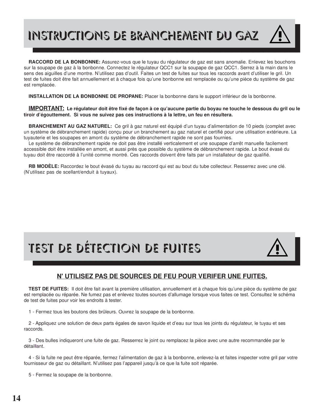 Napoleon Grills 600 manual Instructions DE Branchement DU GAZ, Test DE Détection DE Fuites 