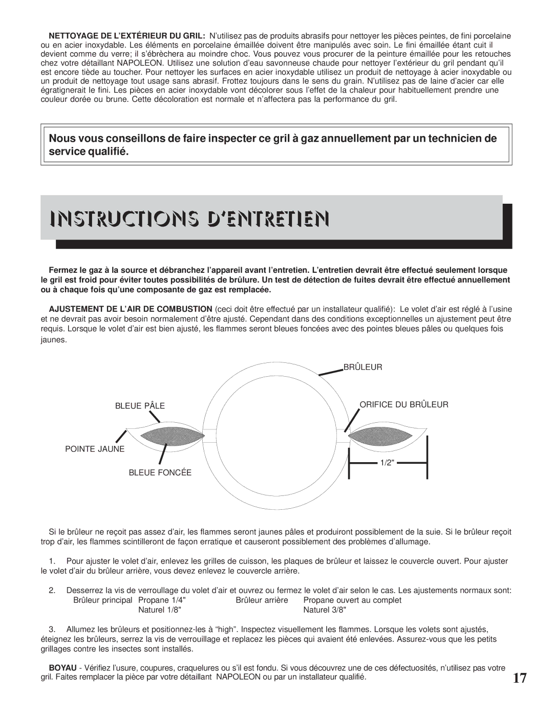 Napoleon Grills 600 manual Instructions D’ENTRETIEN, Pointe Jaune Bleue Foncée 