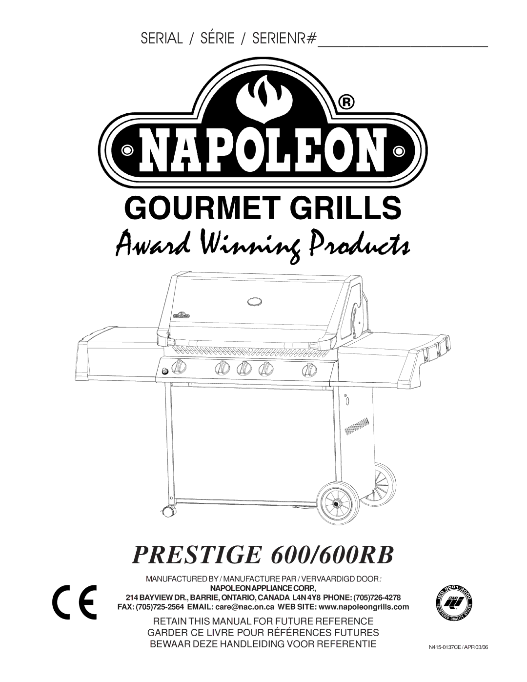 Napoleon Grills manual Prestige 600/600RB 