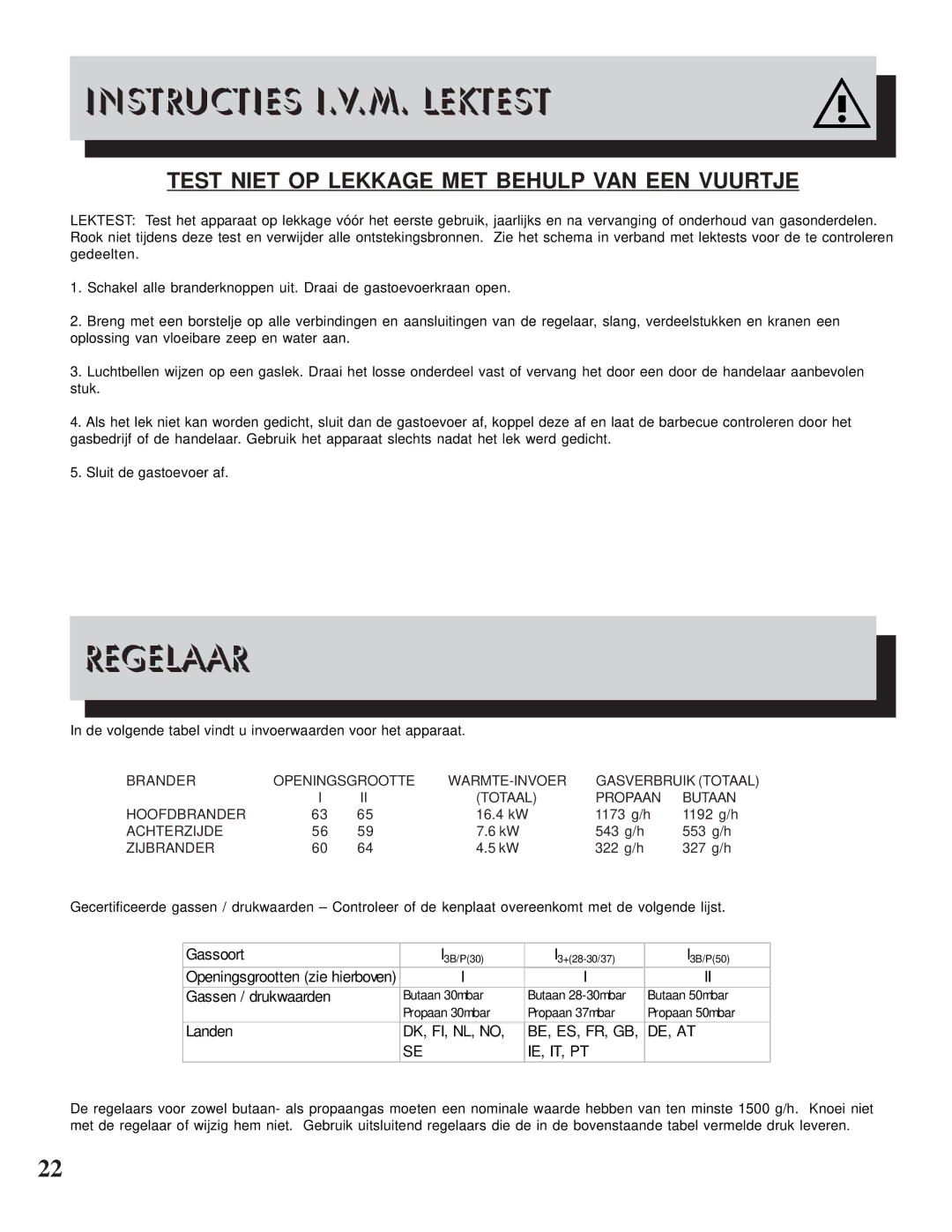 Napoleon Grills 600RB manual Instructies I.V.M. Lektest, Regelaar 