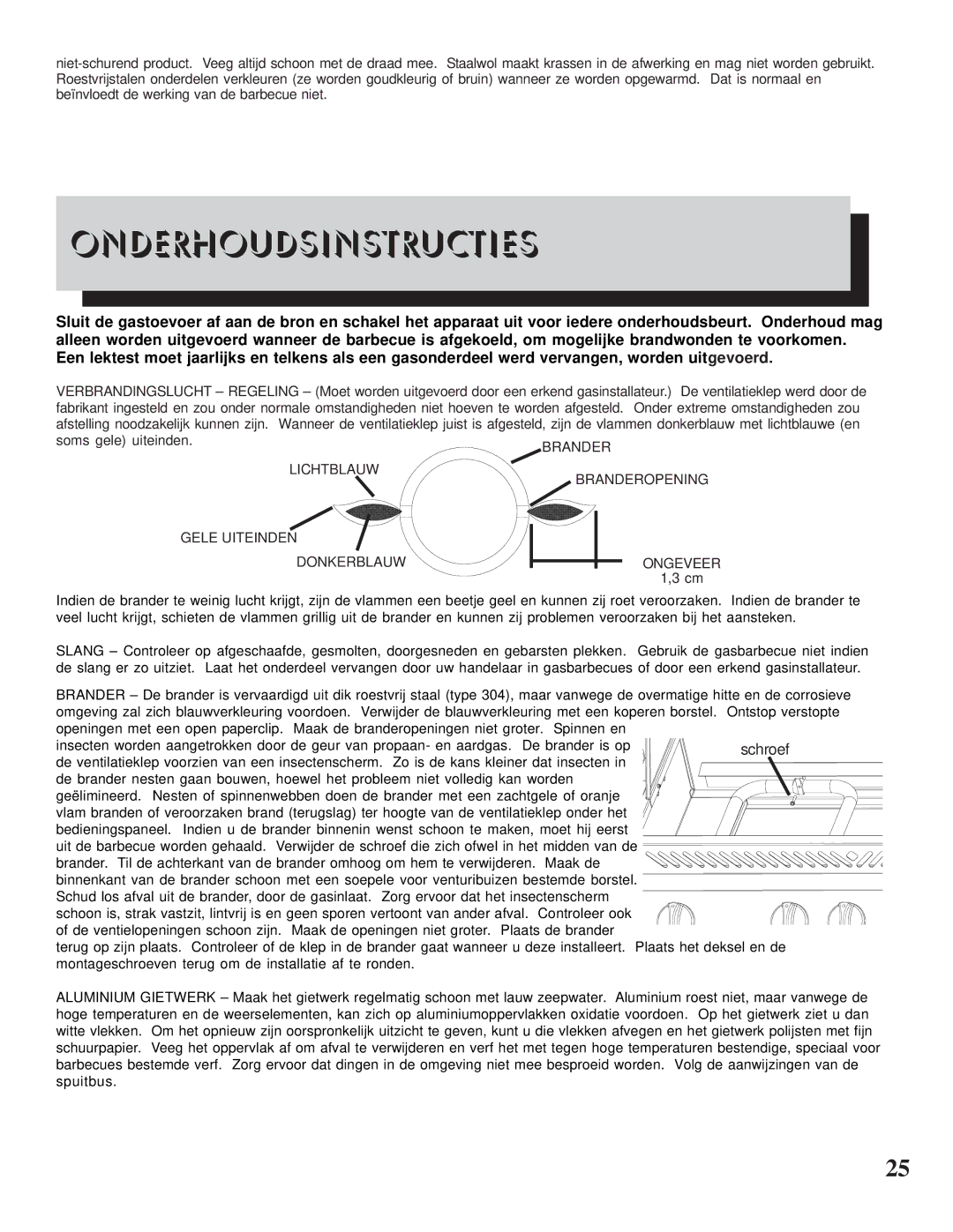 Napoleon Grills 600RB manual Onderhoudsinstructies, Gele Uiteinden Donkerblauw Ongeveer 