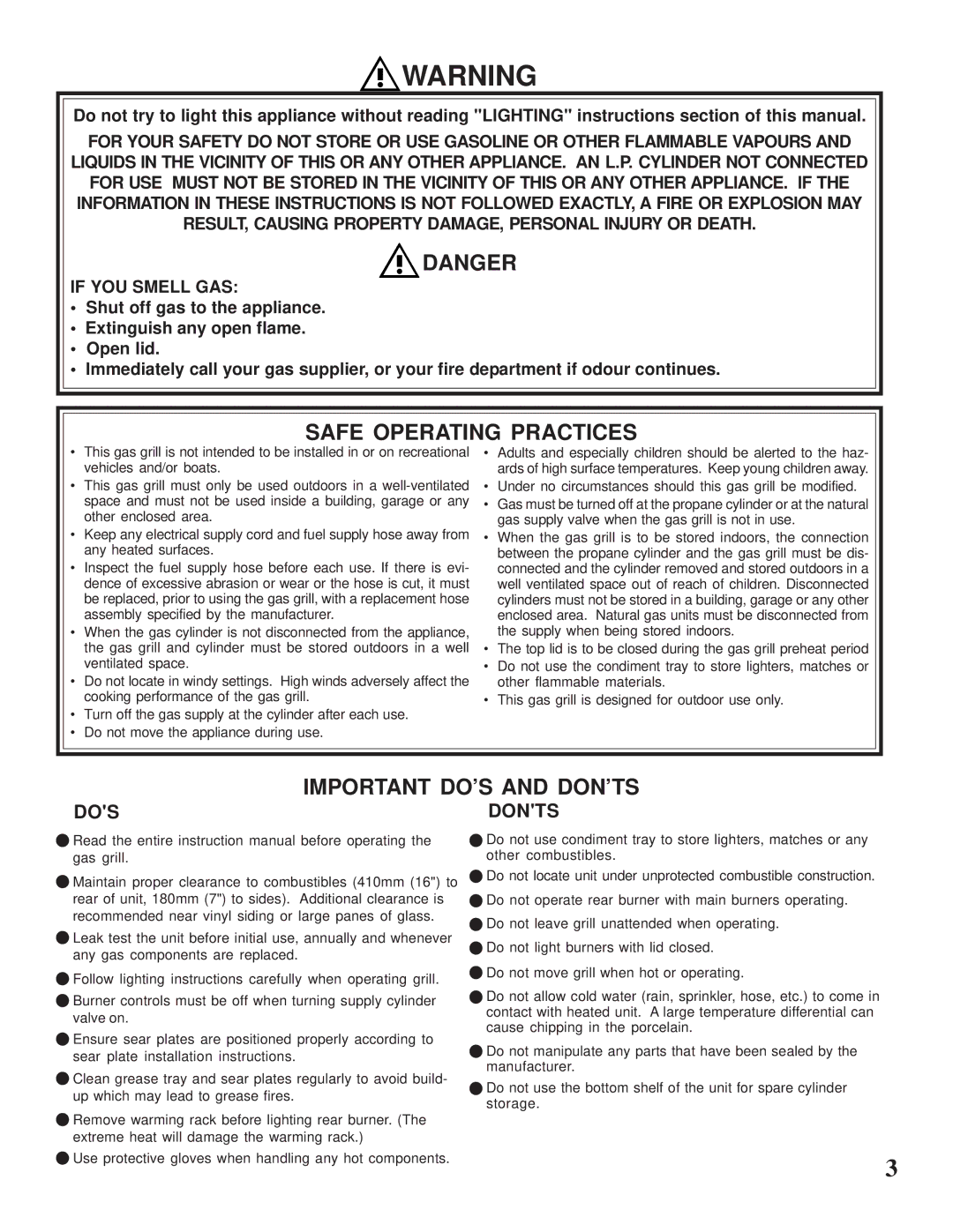 Napoleon Grills 600RB manual Safe Operating Practices, DOS Donts 