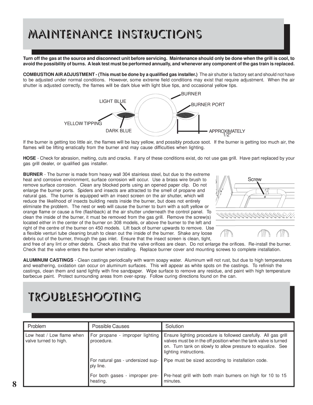 Napoleon Grills 600RB manual Maintenance Instructions, Troubleshooting 