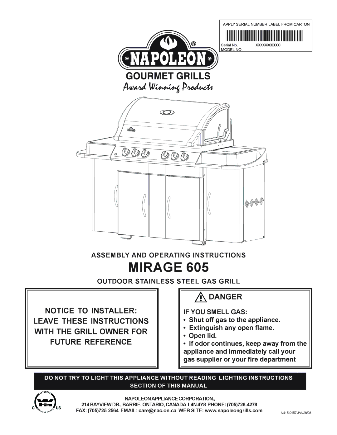 Napoleon Grills 605 operating instructions Mirage 