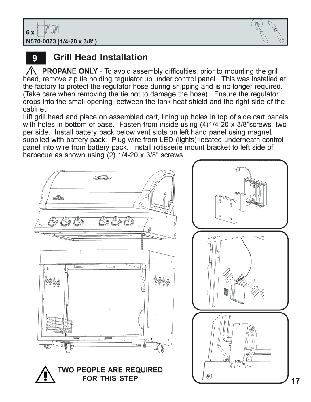 Napoleon Grills 605 operating instructions Grill Head Installation, TWO People are Required For this Step 