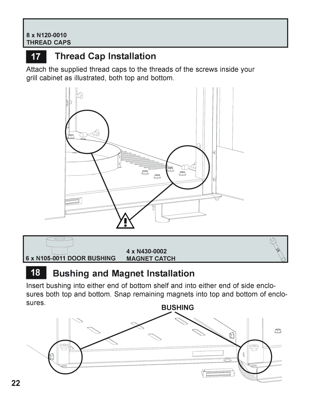 Napoleon Grills 605 operating instructions Thread Cap Installation, Bushing and Magnet Installation 