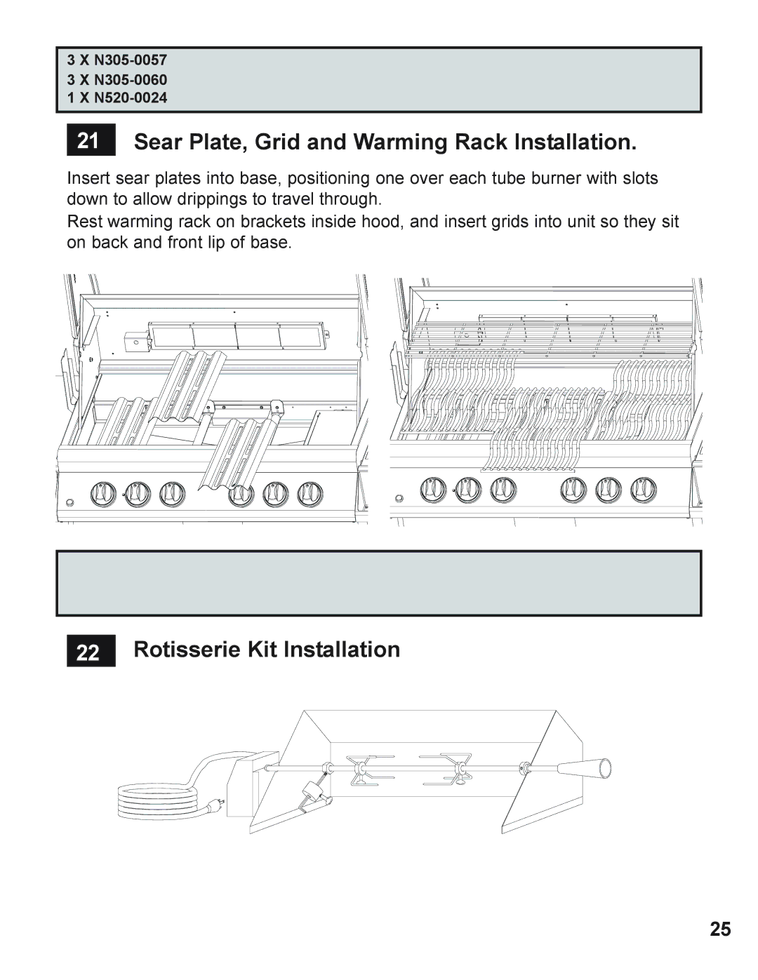 Napoleon Grills 605 operating instructions Sear Plate, Grid and Warming Rack Installation, Rotisserie Kit Installation 