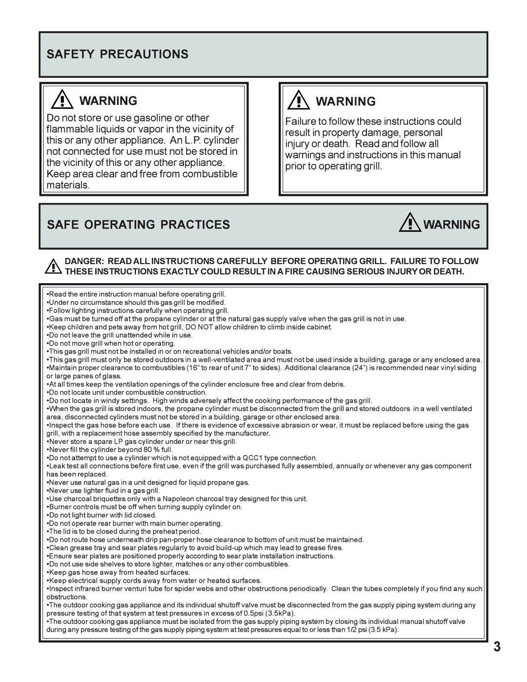 Napoleon Grills 605 operating instructions Safety Precautions, Safe Operating Practices 