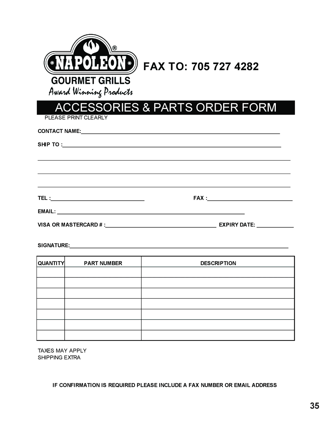 Napoleon Grills 605 operating instructions Accessories & Parts Order Form 