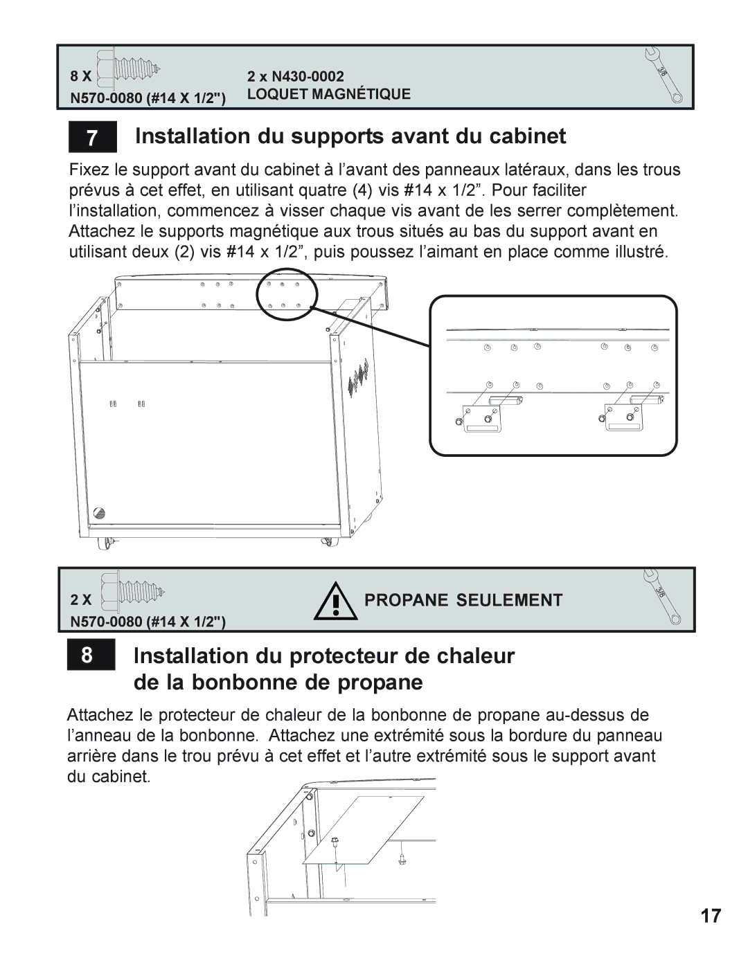 Napoleon Grills 605 operating instructions Installation du supports avant du cabinet, Propane Seulement 