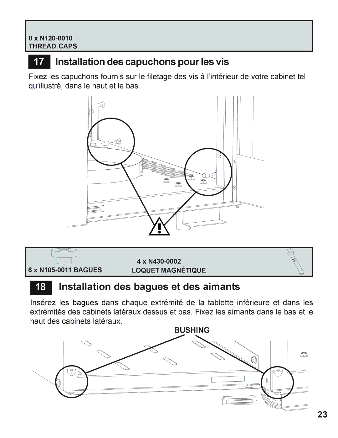 Napoleon Grills 605 operating instructions Installation des capuchons pour les vis, Installation des bagues et des aimants 