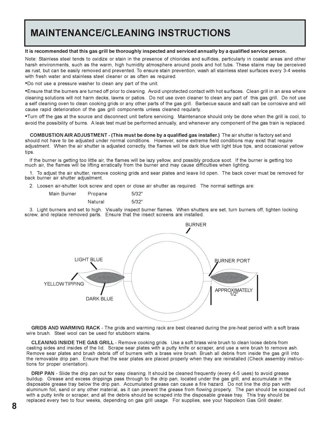 Napoleon Grills 605 operating instructions MAINTENANCE/CLEANING Instructions, Dark Blue 