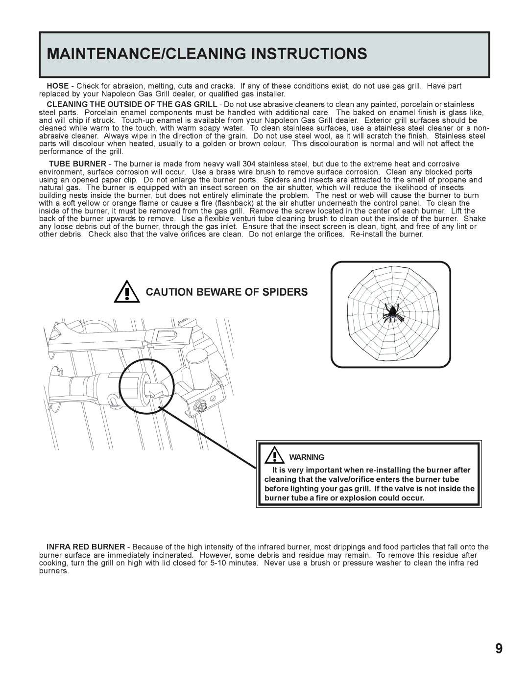 Napoleon Grills 605 operating instructions MAINTENANCE/CLEANING Instructions 