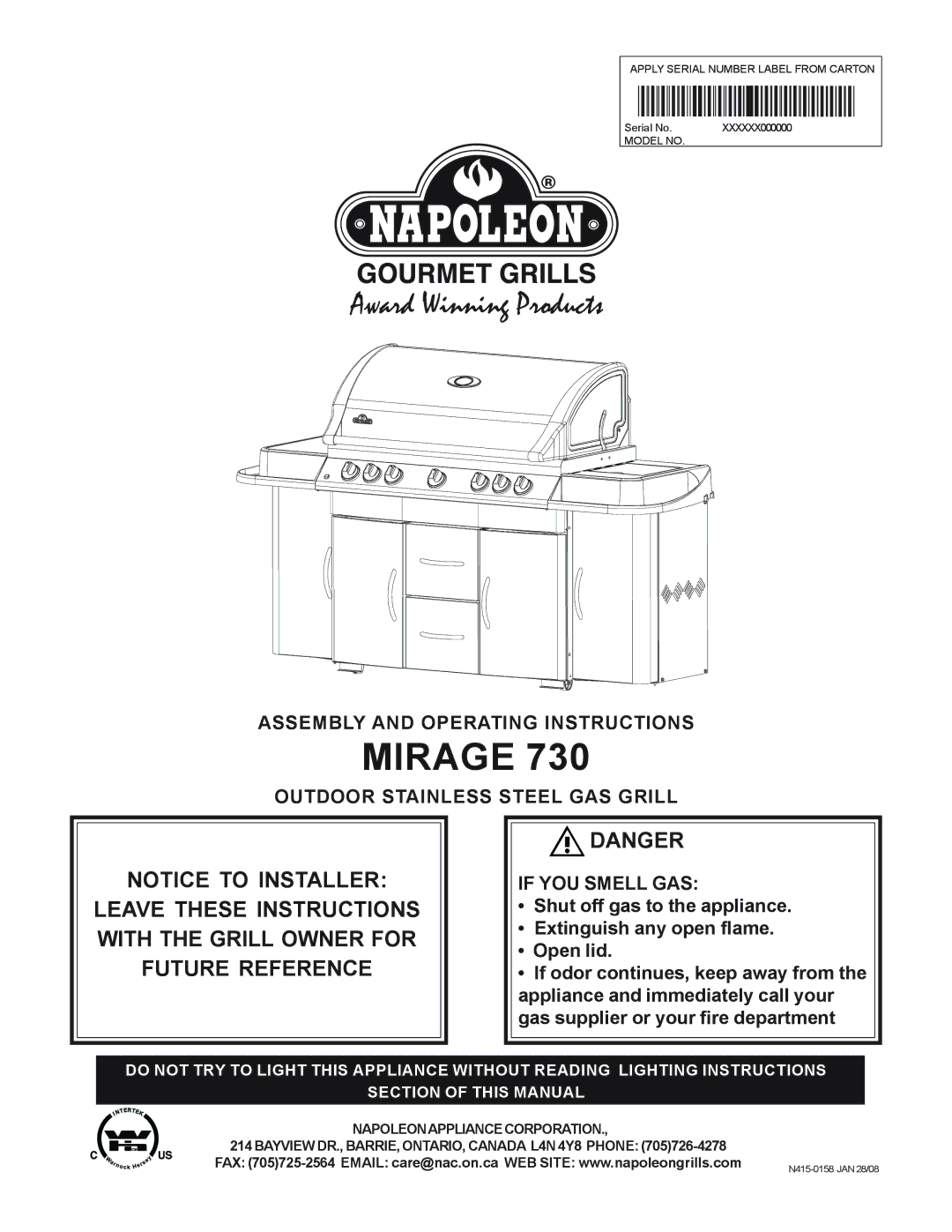 Napoleon Grills 730 operating instructions Mirage 