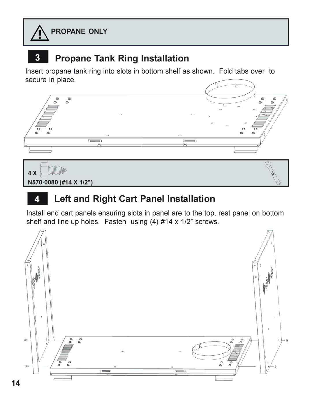 Napoleon Grills 730 operating instructions Propane Tank Ring Installation, Left and Right Cart Panel Installation 