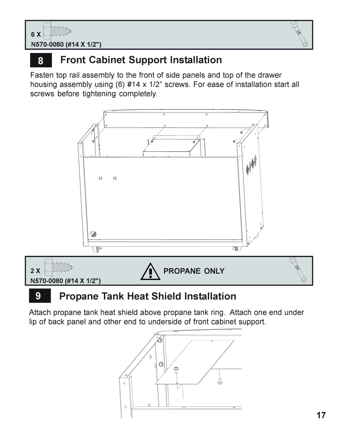 Napoleon Grills 730 operating instructions Front Cabinet Support Installation, Propane Tank Heat Shield Installation 