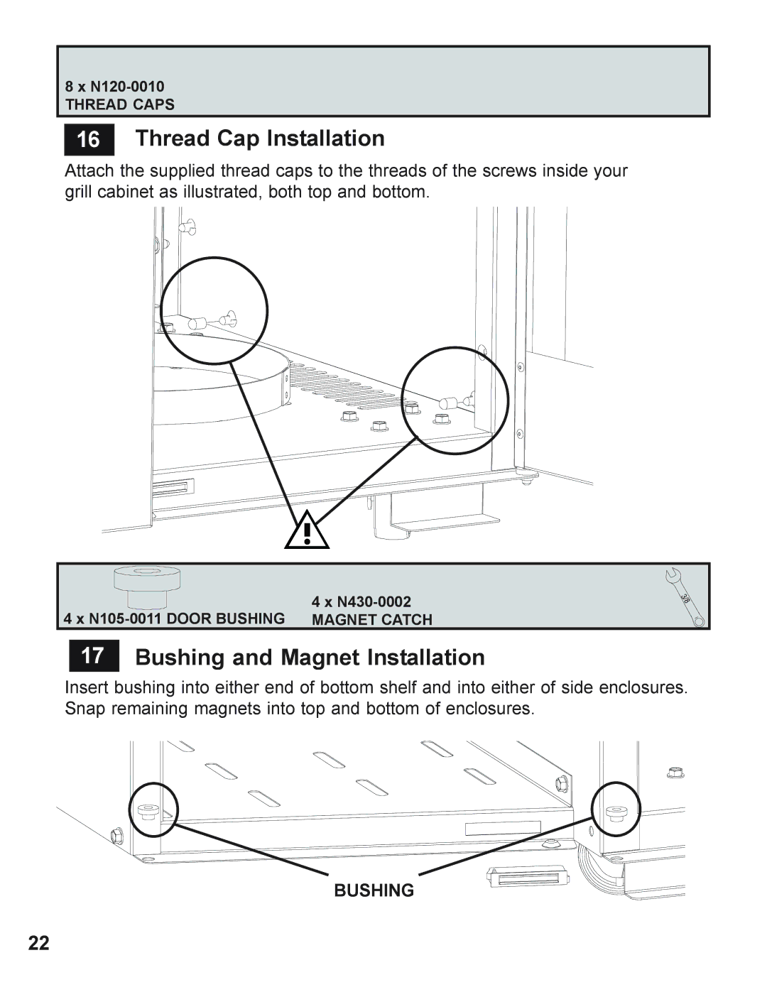 Napoleon Grills 730 operating instructions Thread Cap Installation, Bushing and Magnet Installation 