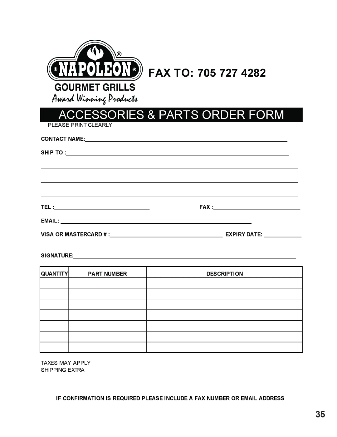 Napoleon Grills 730 operating instructions Accessories & Parts Order Form 