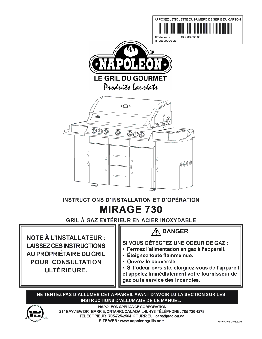 Napoleon Grills 730 operating instructions Instructions D’INSTALLATION ET D’OPÉRATION 