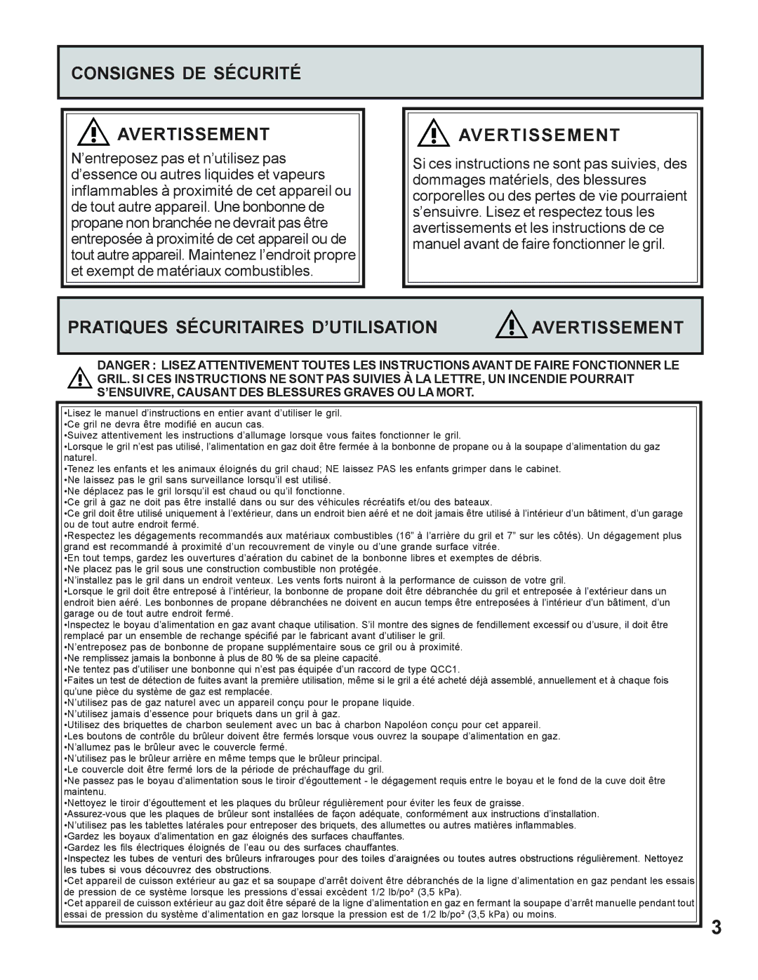 Napoleon Grills 730 Consignes DE Sécurité Avertissement, Pratiques Sécuritaires D’UTILISATION Avertissement 