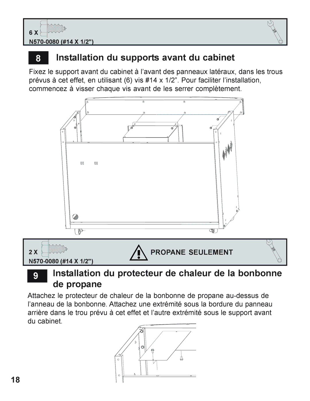 Napoleon Grills 730 operating instructions Installation du supports avant du cabinet 