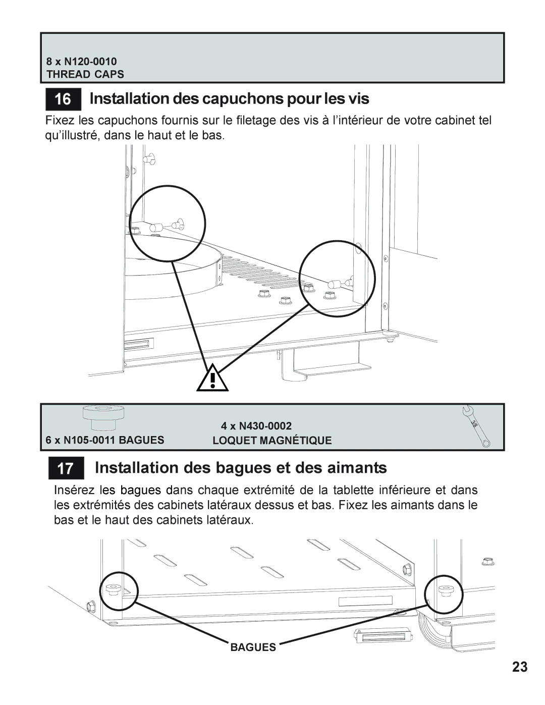 Napoleon Grills 730 operating instructions Installation des capuchons pour les vis, Installation des bagues et des aimants 