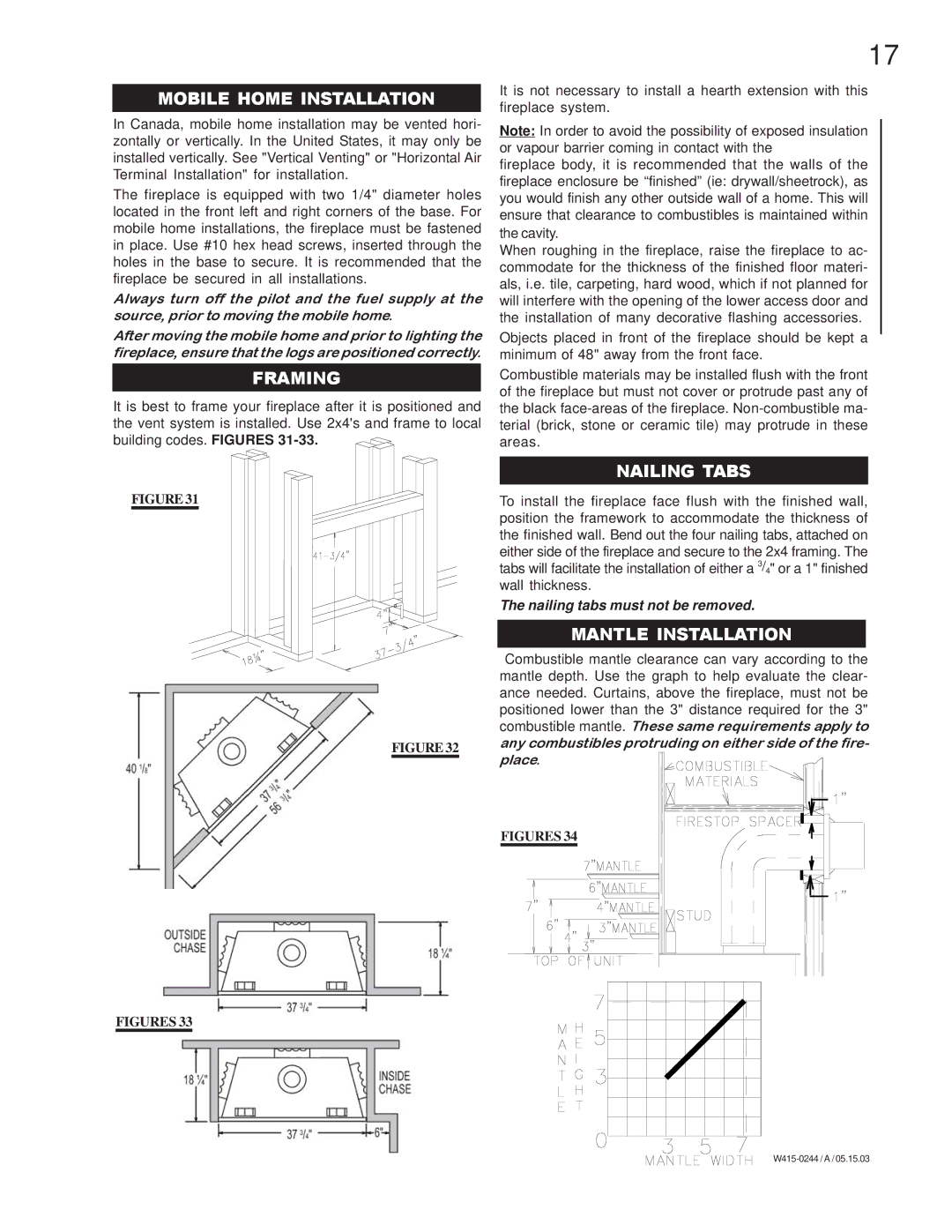 Napoleon Grills BGD38NT, BGD38PT manual Mobile Home Installation, Framing, Nailing Tabs, Mantle Installation 