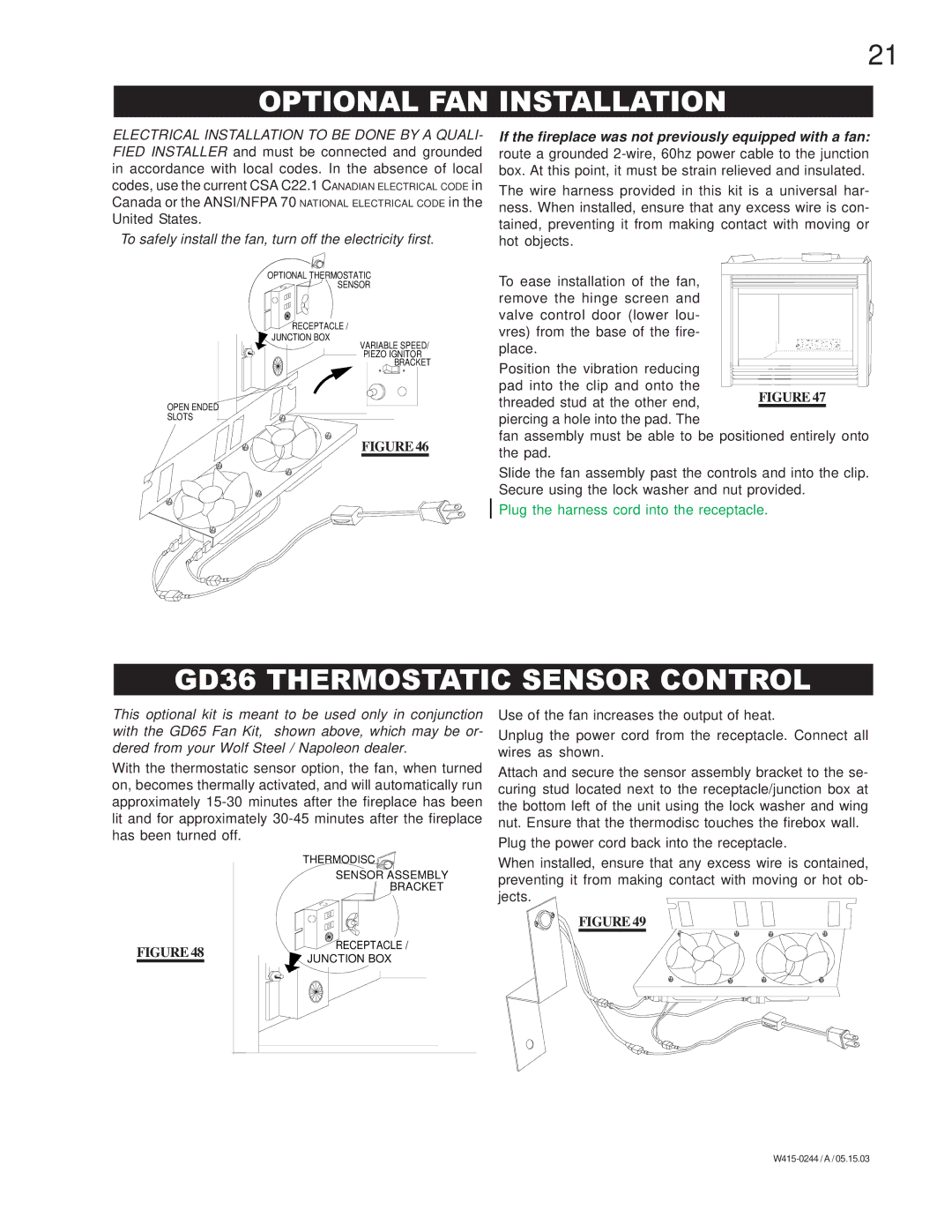 Napoleon Grills BGD38NT, BGD38PT manual Optional FAN Installation, GD36 Thermostatic Sensor Control 