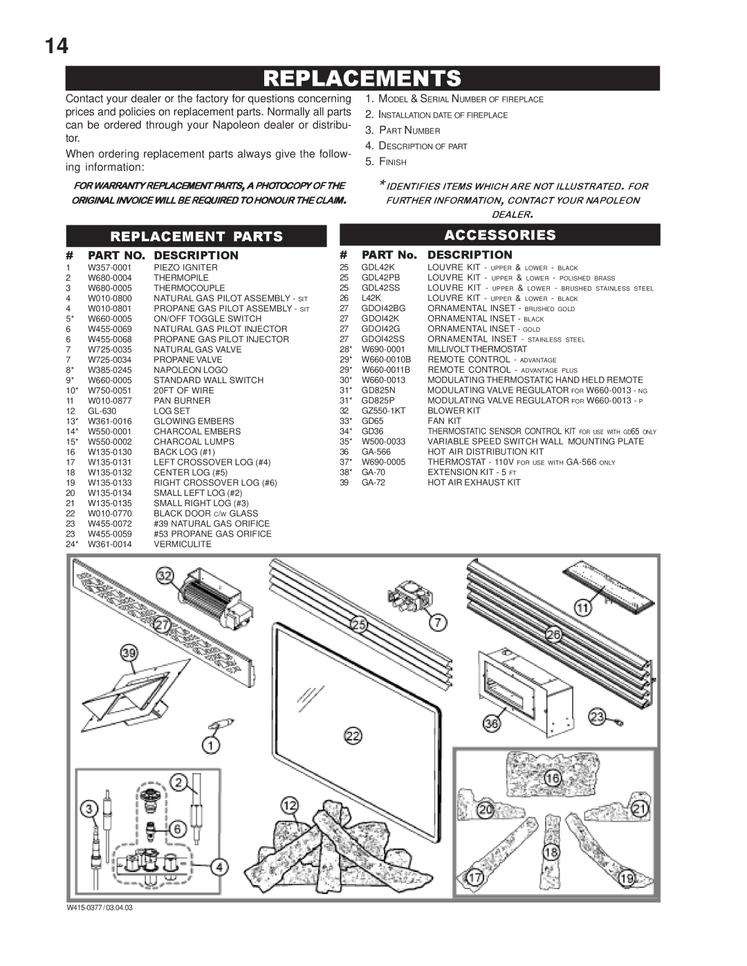 Napoleon Grills BGNV42N, BGNV42P manual Replacements, Replacement Parts, Accessories 