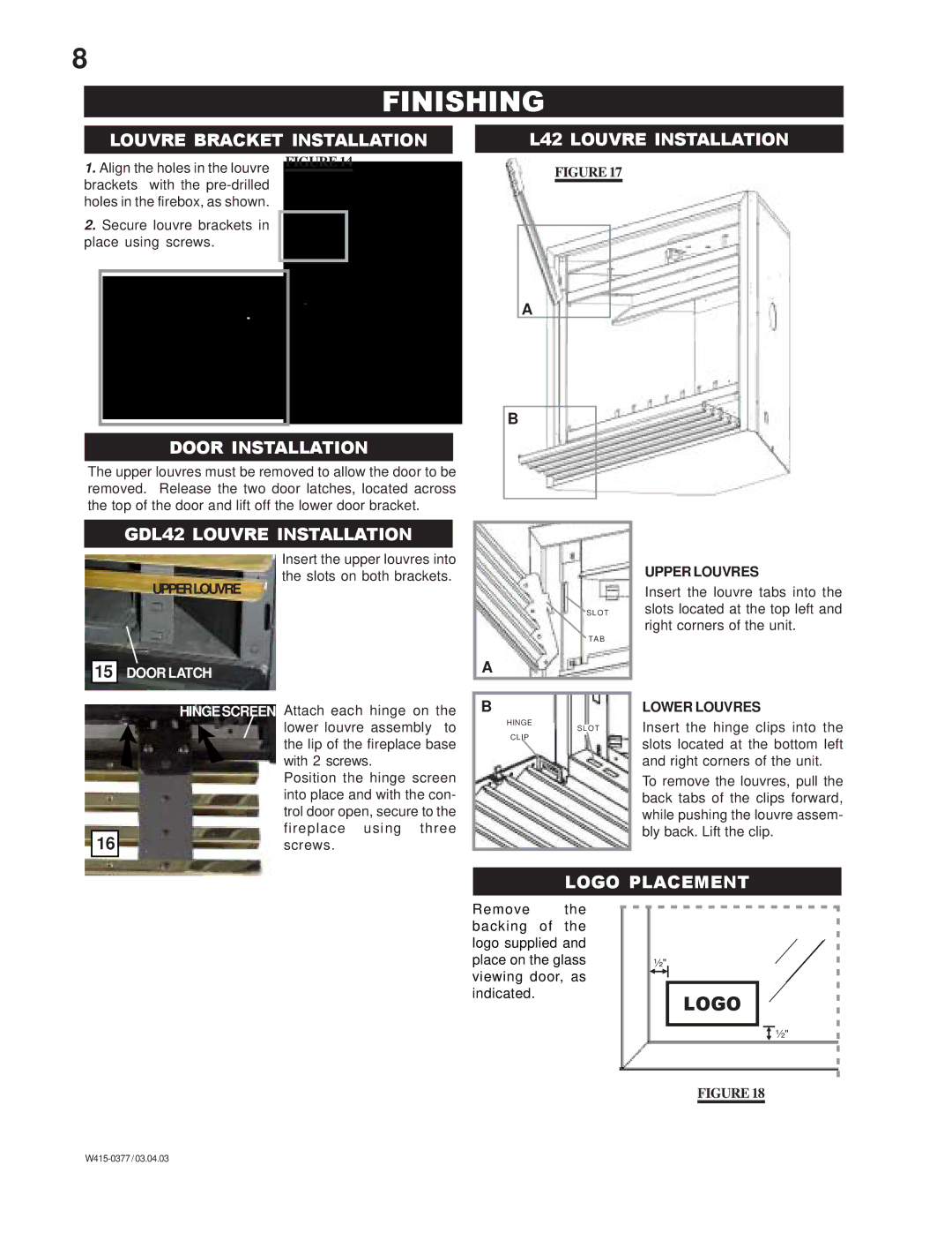 Napoleon Grills BGNV42N, BGNV42P manual Finishing, Louvre Bracket Installation, Door Installation, Logo Placement 