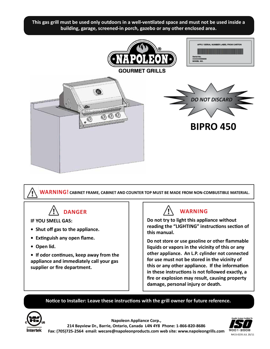 Napoleon Grills BIPRO 450 manual Bipro 