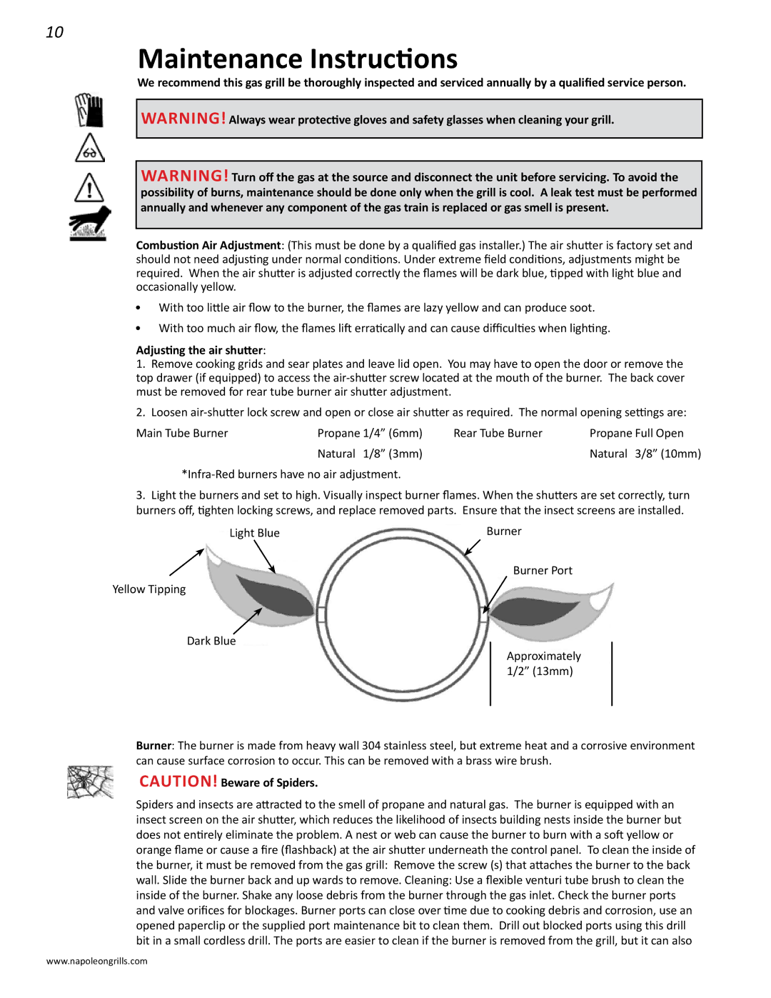 Napoleon Grills BIPRO 450 manual Maintenance Instructions, Adjusting the air shutter 