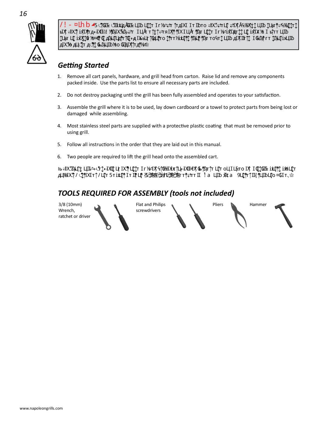 Napoleon Grills BIPRO 450 manual Getting Started, Tools Required for Assembly tools not included 