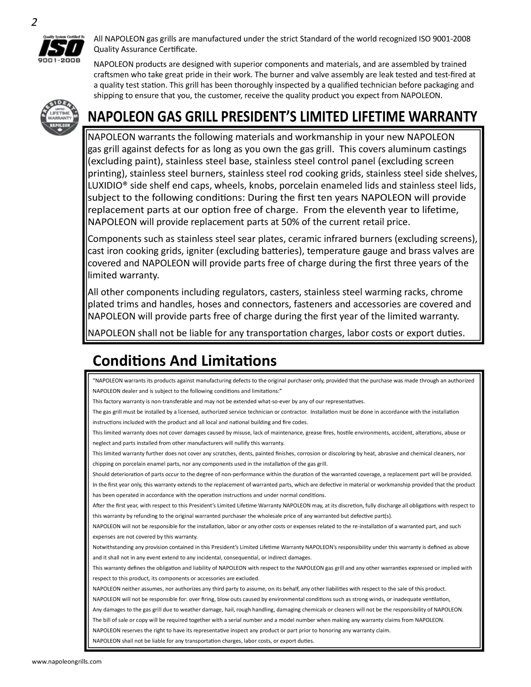 Napoleon Grills BIPRO 450 manual Conditions And Limitations 