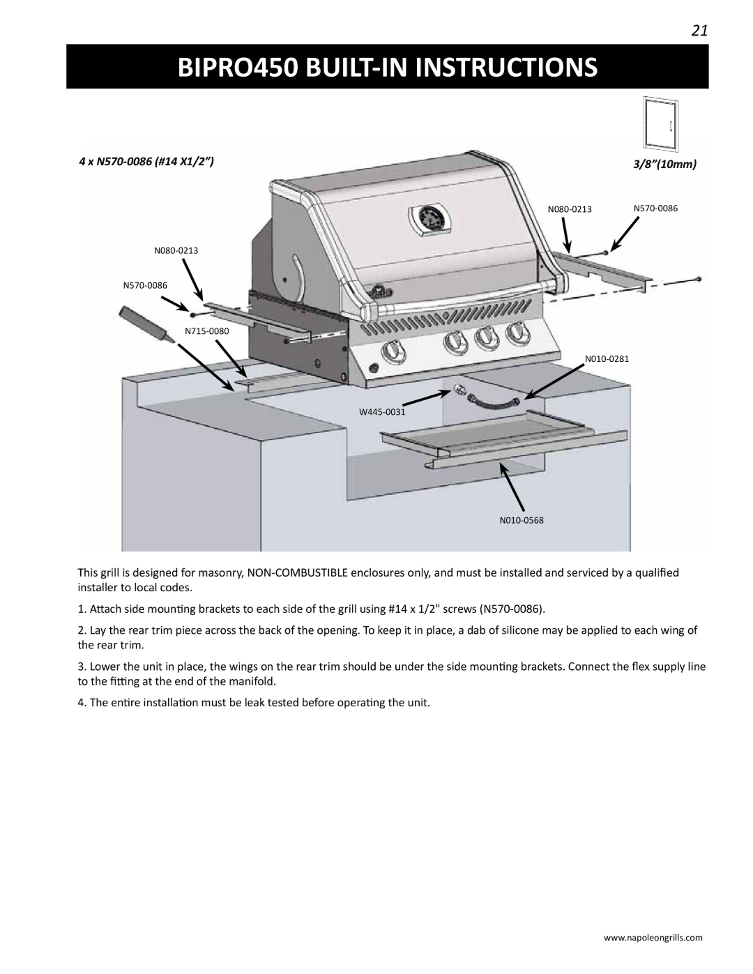 Napoleon Grills BIPRO 450 manual BIPRO450 BUILT-IN Instructions 