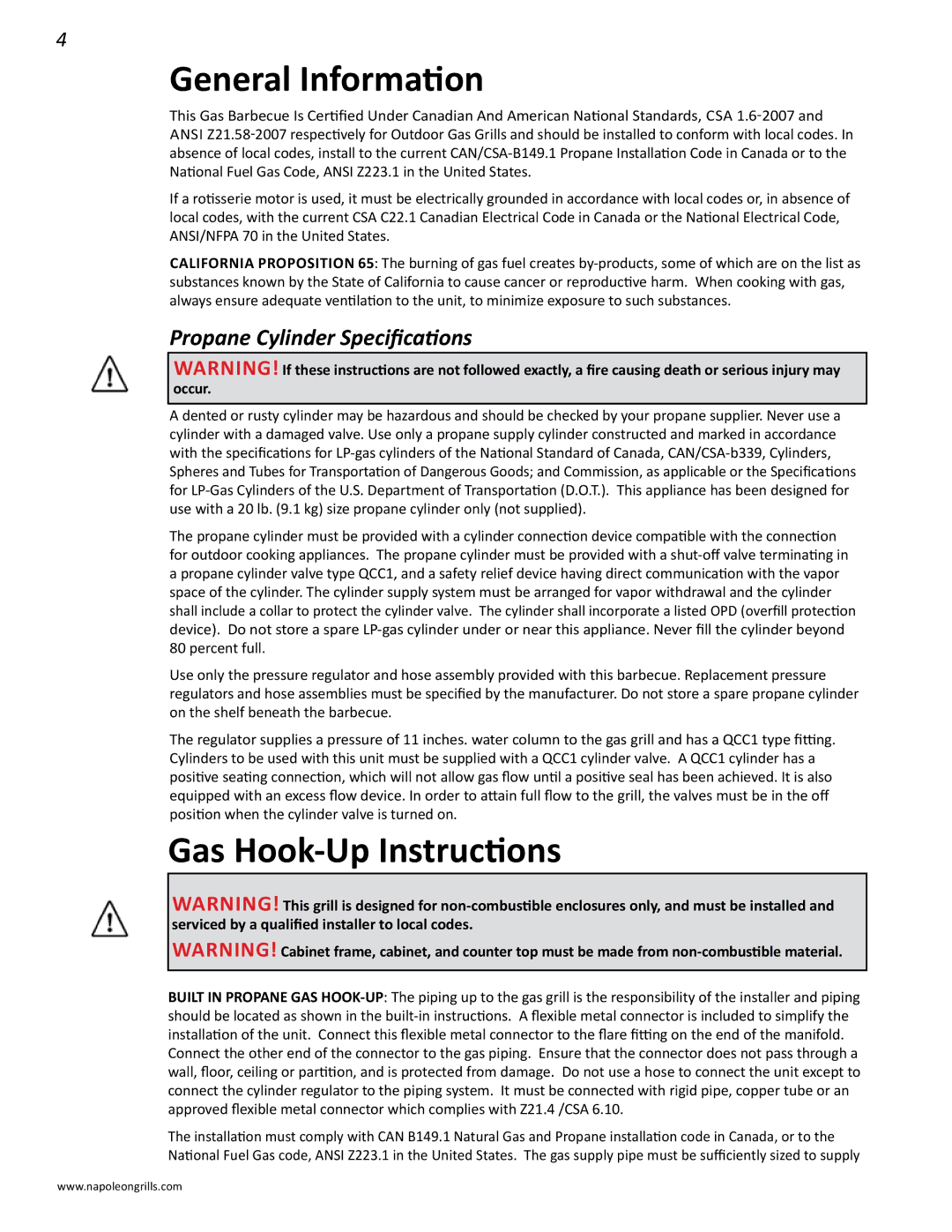 Napoleon Grills BIPRO 450 manual General Information, Gas Hook-Up Instructions, Propane Cylinder Specifications 