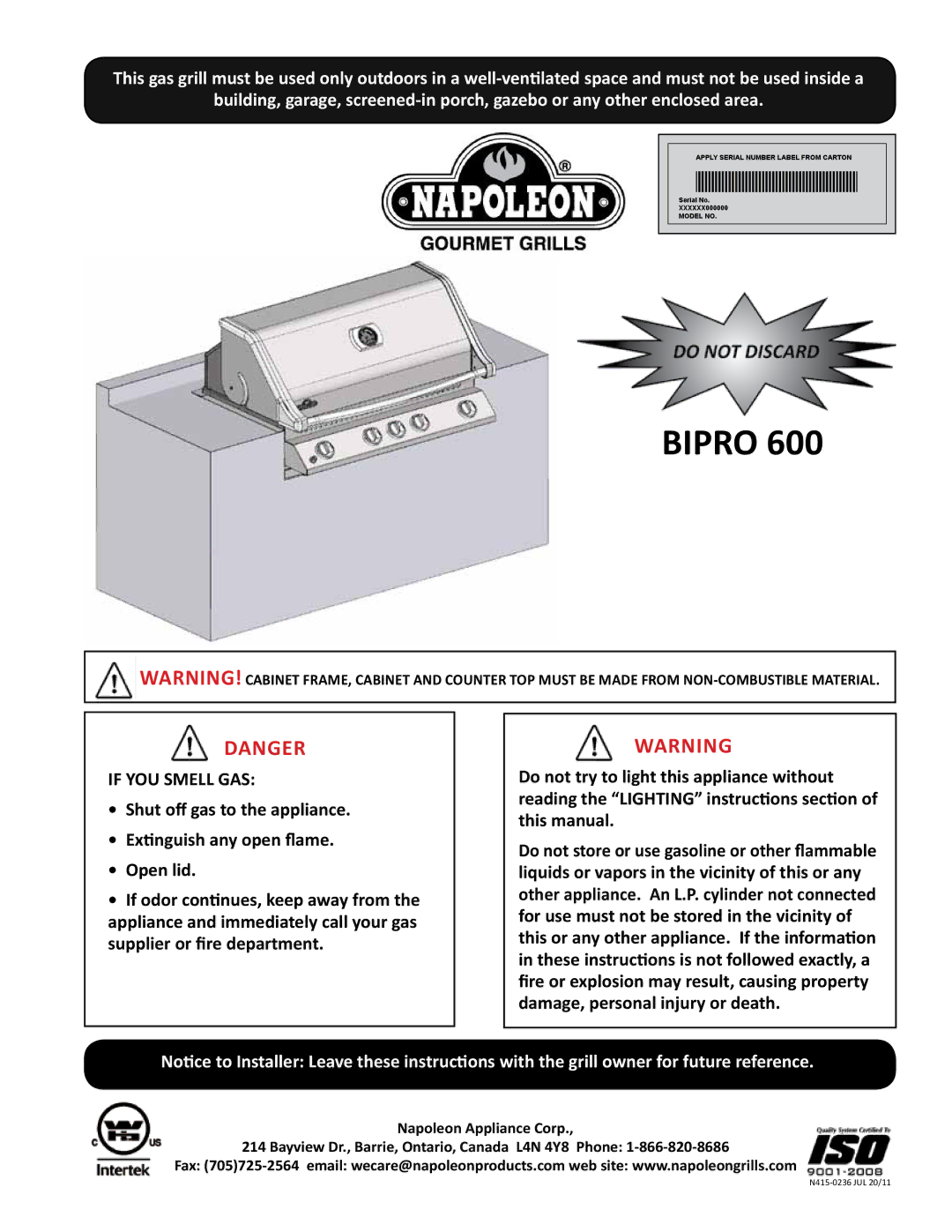 Napoleon Grills BIPRO 600 manual Bipro 