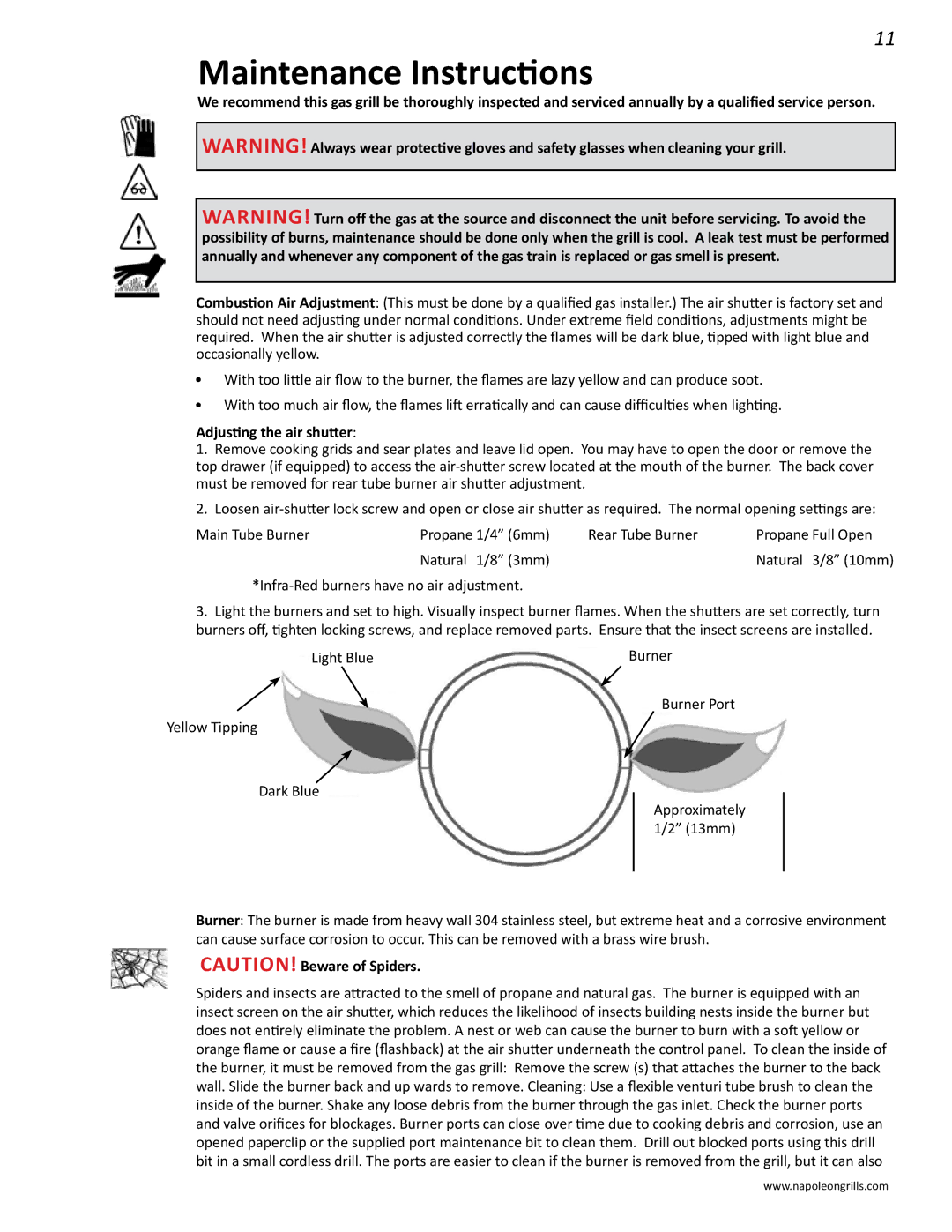 Napoleon Grills BIPRO 600 manual Maintenance Instructions, Adjusting the air shutter 