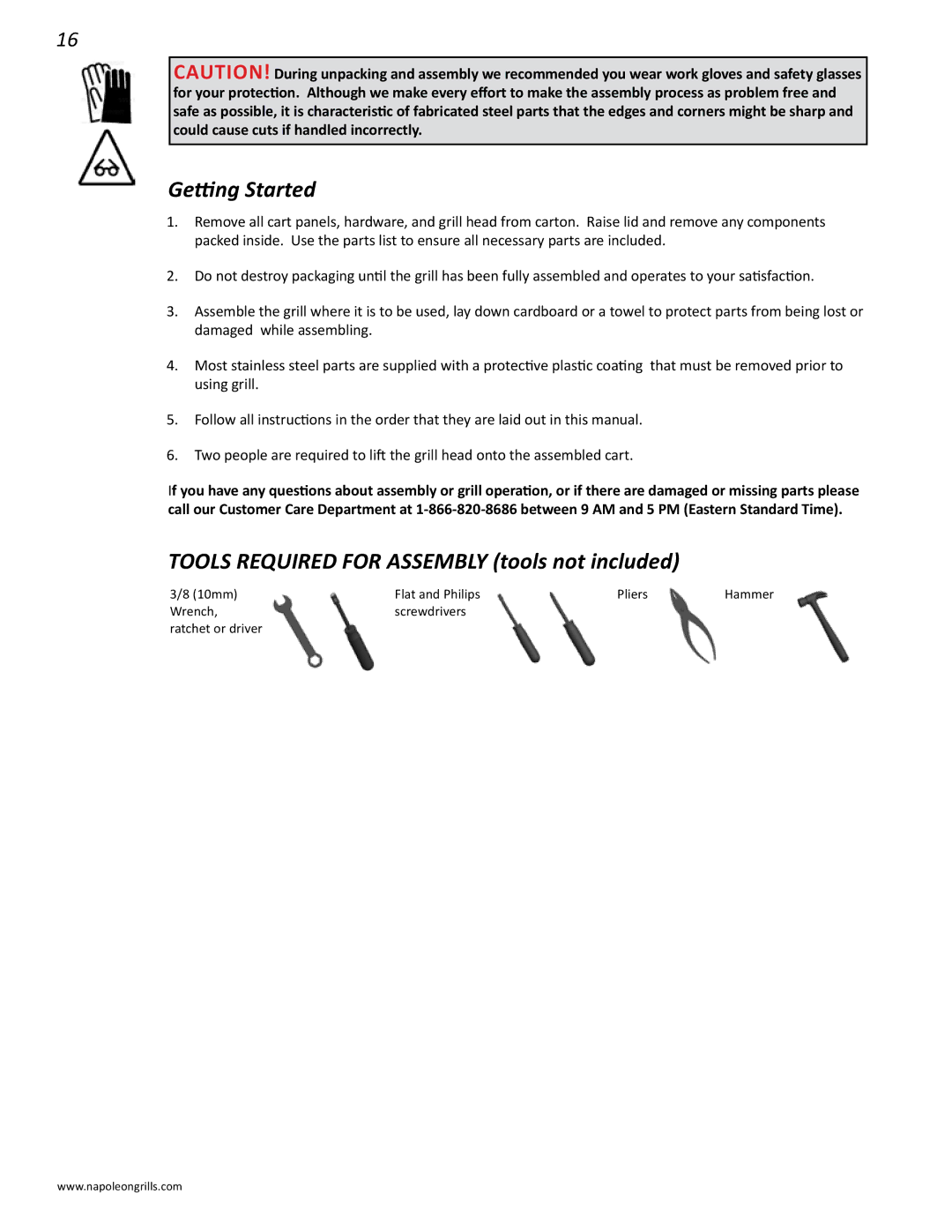 Napoleon Grills BIPRO 600 manual Getting Started, Tools Required for Assembly tools not included 