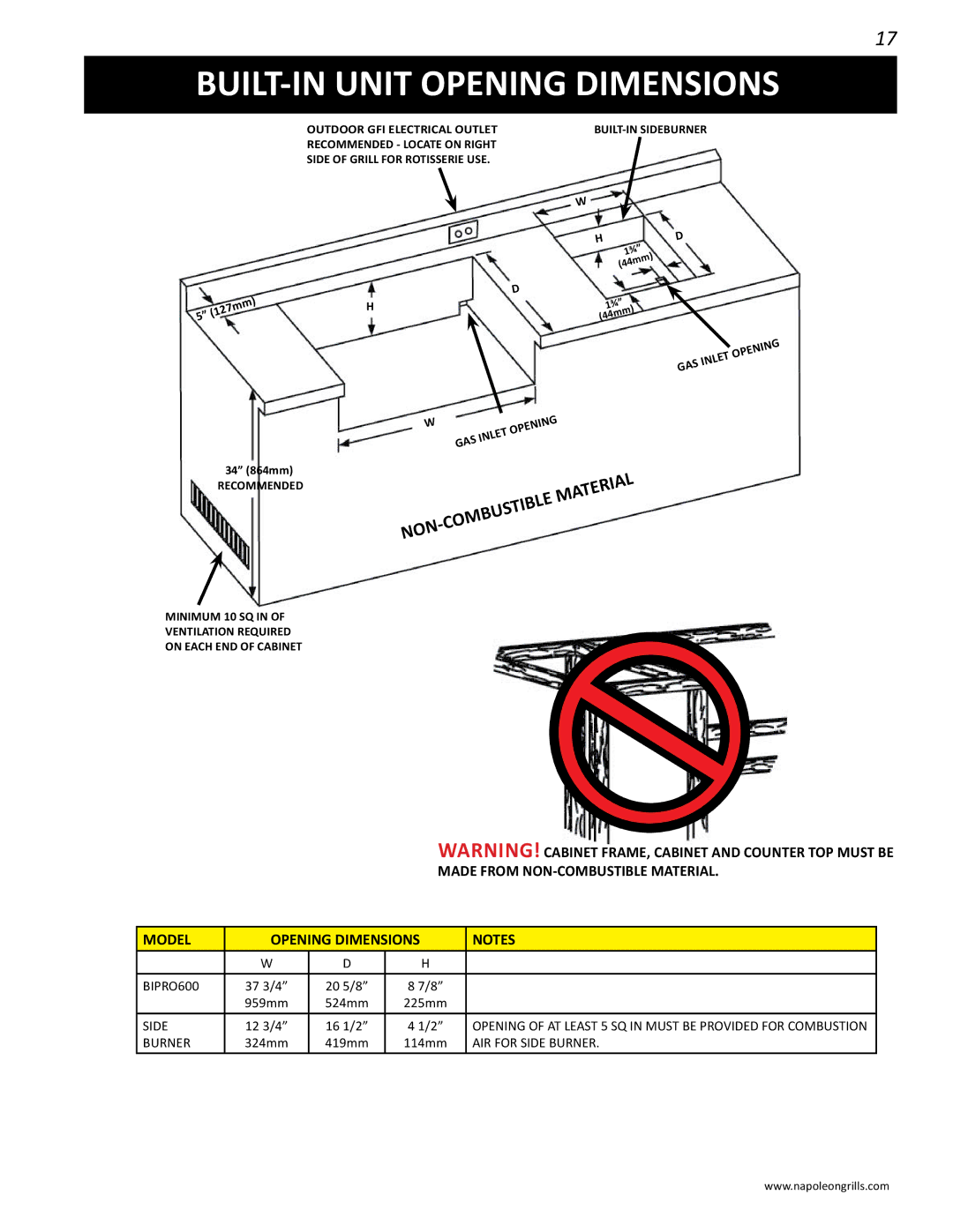 Napoleon Grills BIPRO 600 manual BUILT-IN Unit Opening Dimensions 