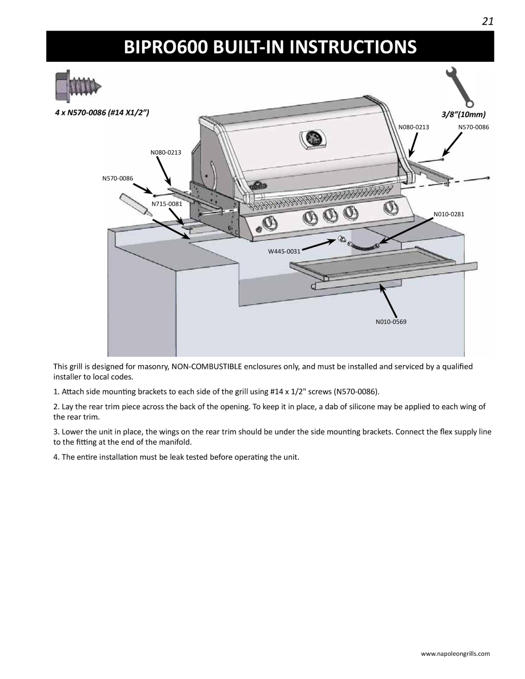 Napoleon Grills BIPRO 600 manual BIPRO600 BUILT-IN Instructions 