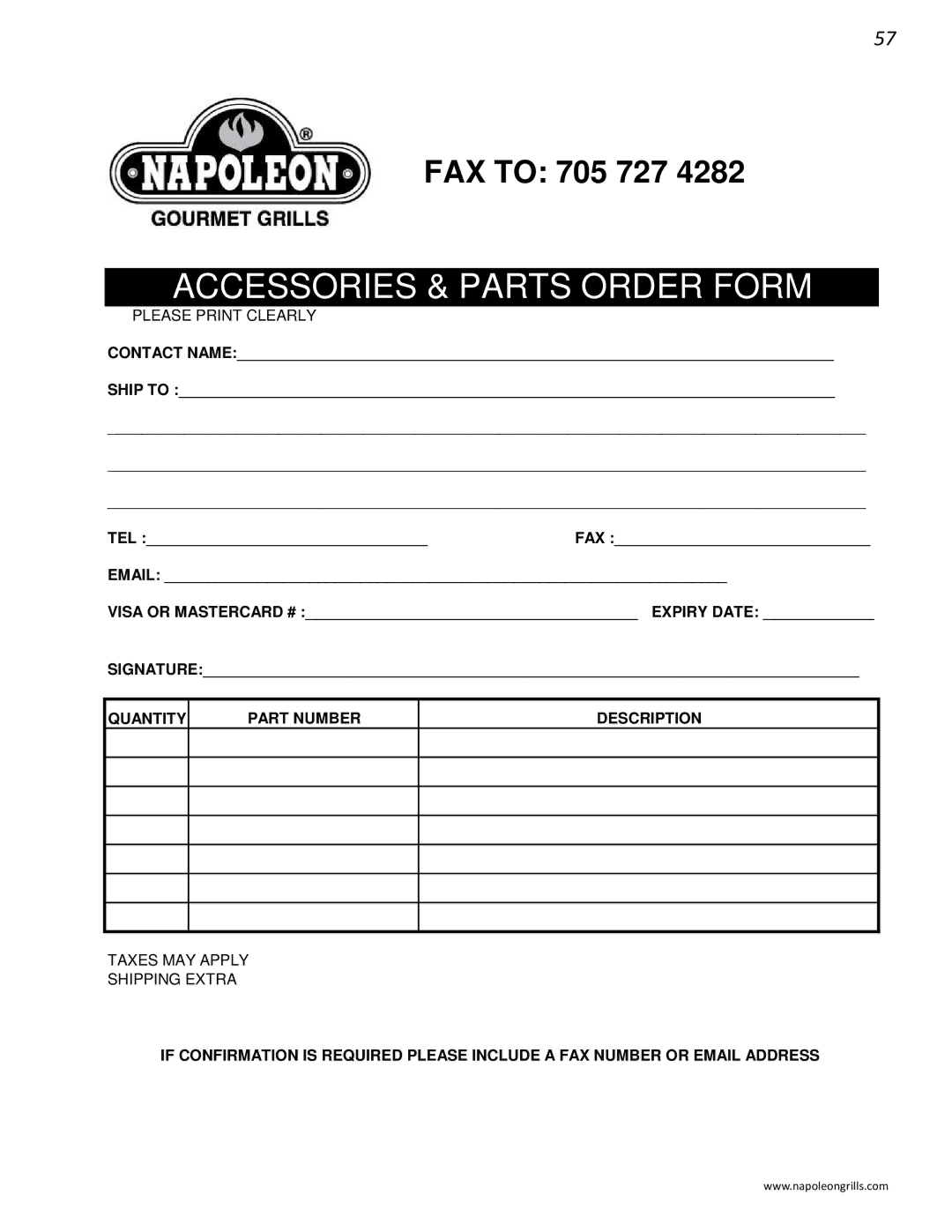 Napoleon Grills BIPRO 600 manual Accessories & Parts Order Form 