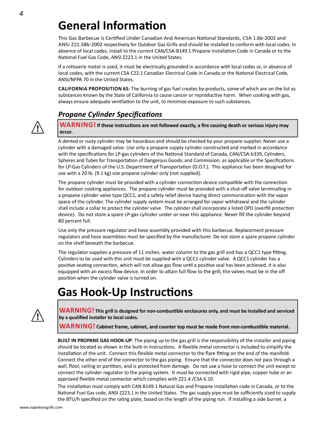 Napoleon Grills BIPRO 600 manual General Information, Gas Hook-Up Instructions, Propane Cylinder Specifications 