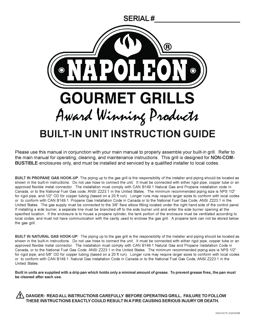 Napoleon Grills BIU405, BIPT600, BIPT450, BIPT750 manual BUILT-IN Unit Instruction Guide 