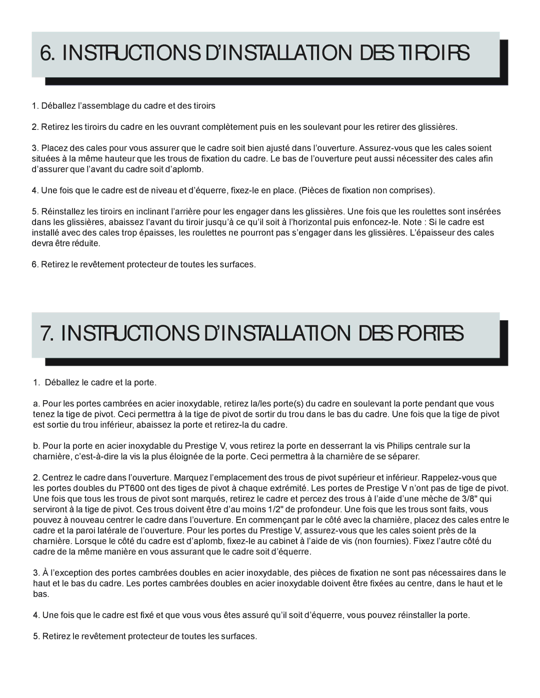 Napoleon Grills BIPT450, BIPT600, BIU405 Instructions D’INSTALLATION DES Tiroirs, Instructions D’INSTALLATION DES Portes 